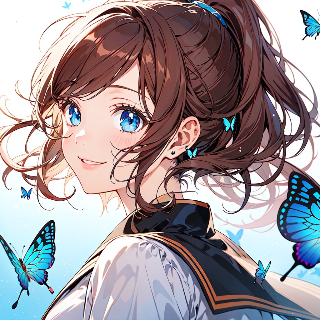 brown hair,blue eyes, butterfly, short hair, rococo,high ponytail, light red hair, wavy hair,court poet,smile, <lora:n (7):1>,anime style,[anime style],bright sunlight,, fcportrait
