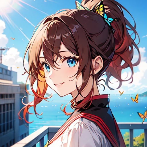 brown hair,blue eyes, butterfly, short hair, rococo,high ponytail, light red hair, wavy hair,court poet,smile, <lora:n (7):1>,anime style,[anime style],bright sunlight,, fcportrait