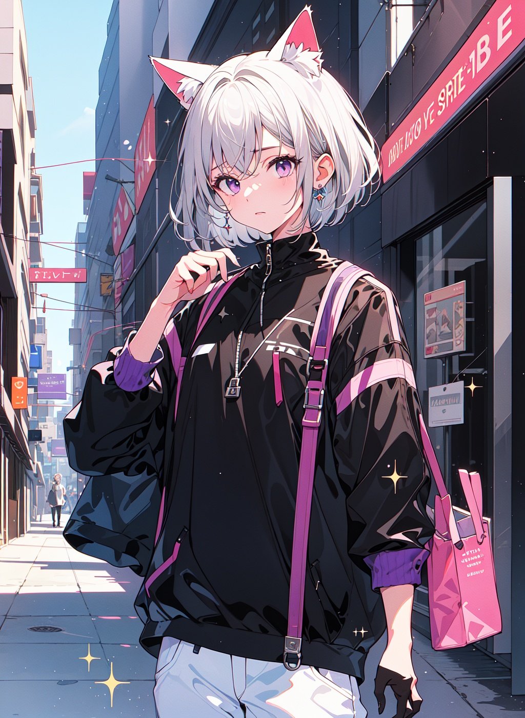 (masterpiece:1.3)), (cat ears, ((short hair)), silver hair, white hair, purple eyes:1.5), 1girl solo ((sparkle:1.3)), eye focus, ((1girl)),Android, ((solo)), cowboy_shot, beautiful detailed eyes, expressive eyes, pretty eyelashes, ((shiny eyes)), (((glossy eyes))), reflective eyes, sparkly eyes, sparkles in eyes, cyborg, artificial arms, artificial legs, ((1990s (style):1.4)), ((vaporwave:1.3)), (purple_theme:1.1), neon_palette, ((neon_lights)), chromatic_aberration, (scan_lines:0.5) ,((commercial street)),(Carrying a transparent small handbag),There are of course those who do not want us to speak We spin the world like a pinball machine We have thoughts of a life in abundance Day and night we wish movies were real And what's behind the screen is our entrance I'm like a satellite Transmitting different eras I am the voice of the next generation Completely digital Create synthetic auras Start a revolution now You will never have to cry 'Cause the future is sold You can never die And you'll never grow old Oh, oh-oh But everything surrounding you is digital Never break the mold You do as you're told Freedom is for sale If you give them control Oh, oh-oh Erase return In the digital world I know it feels like you're part of a dream You can fly and fight wars without judgement You respawn and mistakes will repeal But you will always be searching for an answer I'm like a satellite Transmitting different eras I am the voice of the next generation Completely digital Create synthetic auras Start a revolution now You will never have to cry 'Cause the future is sold You can never die And you'll never grow old Oh, oh-oh But everything surrounding you is digital Never break the mold You do as you're told Freedom is for sale If you give them control Oh, oh-oh Erase return In the digital world Start a revolution now Start a revolution now (Now, now, now, now, now) (We have thoughts of a life in abundance) (Day and night we wish movies were real) (And what's behind the screen is our entrance) You will never have to cry 'Cause the future is sold You can never die And you'll never grow old Oh, oh-oh But everything surrounding you is digital Never break the mold You do as you're told Freedom is for sale If you give them control Oh, oh-oh Erase return In the digital world, fcportrait