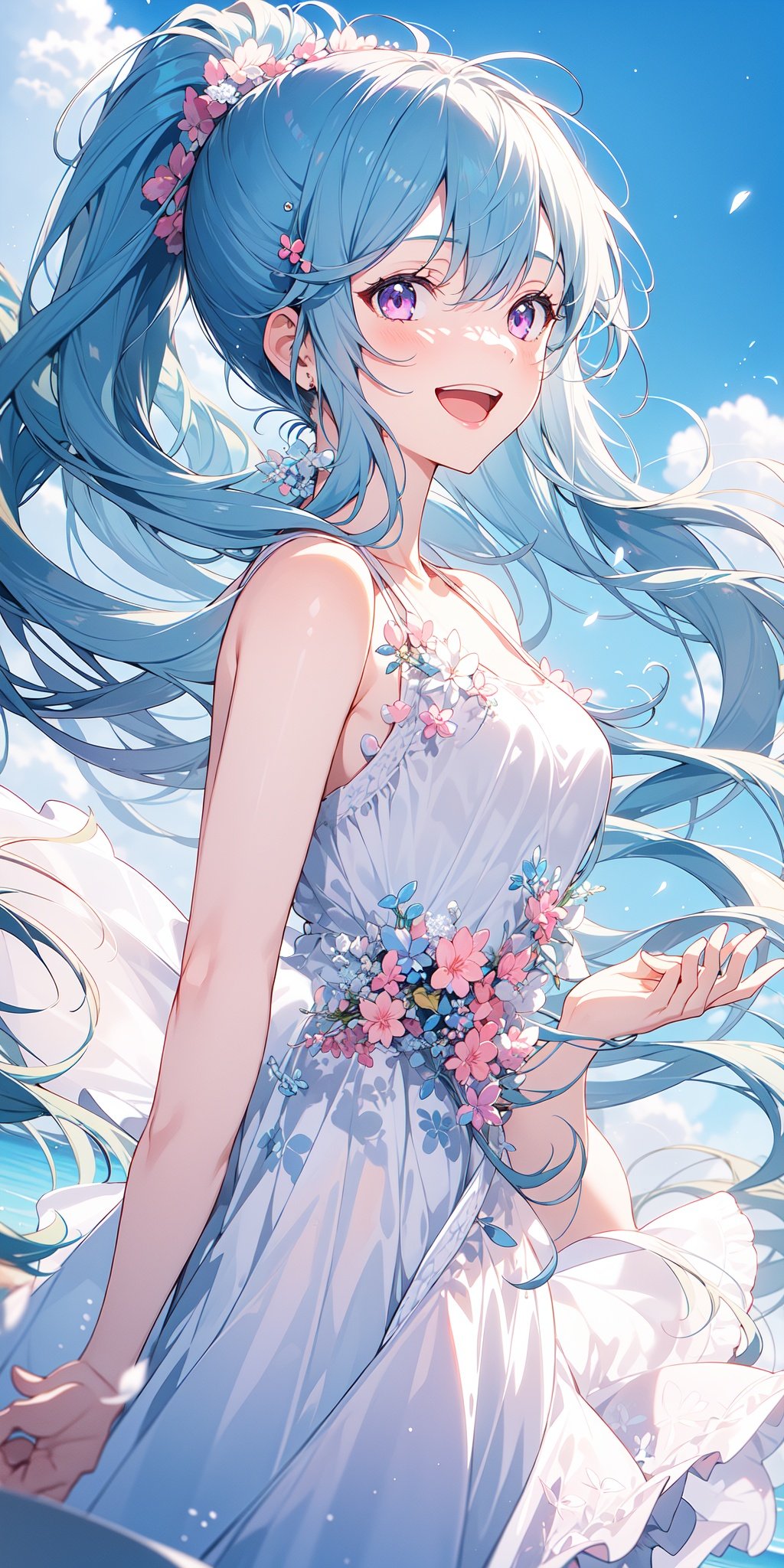 1girl,light blue hair,pink purple eyes,high ponytail,happy,smile,ice,summer,sunshinerainbow,open mouth,white dress, fcportrait