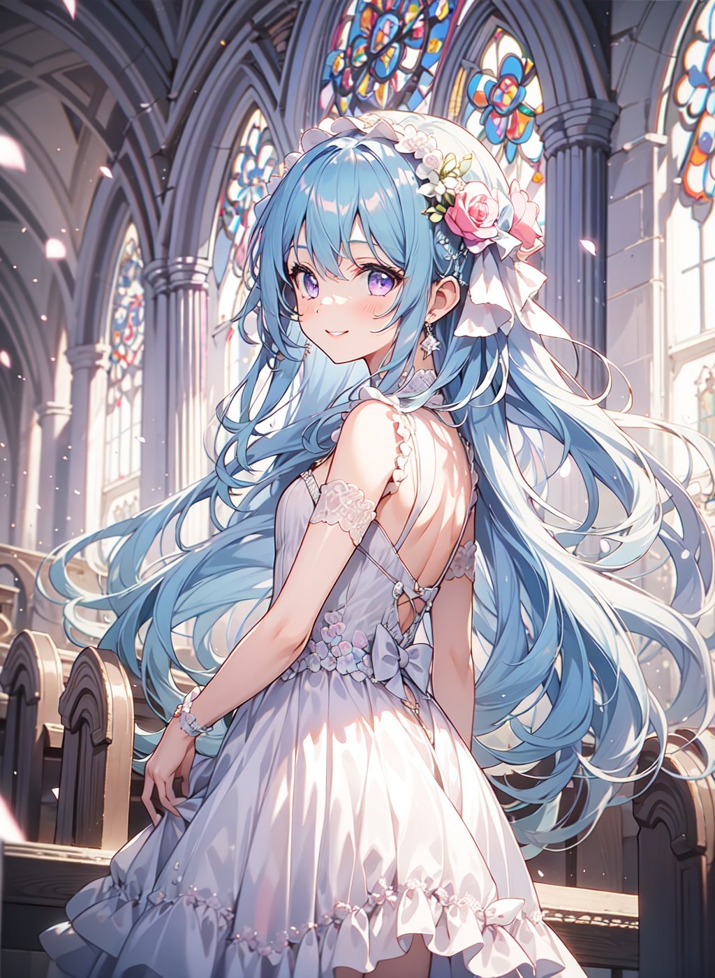 1girl,church,interior,white dress,elegant smile,looking back,<lora:lo_dress_classic_style3_v1:1>,wedding dress,light blue hair,(pink purple eyes),as-youngerv2,reach out to the viewer,bright sunlight, hair over shoulder，，long hair, fcportrait