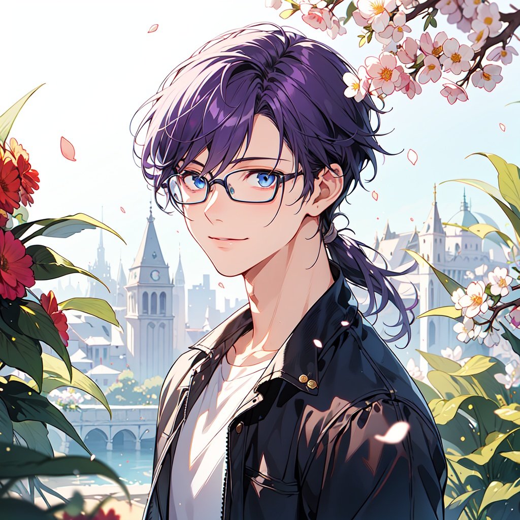 1boy,(((purple hair))),Low ponytail,unilateral long sideburns,glasses,elegant,Sven scum,light smile,adult,upper body,male focus,((dark blue eyes)),(masterpiece, best quality, high quality, highres, ultra-detailed),flower sea,sunlight,flying petals,flower tree,young blood,casual wear,, fcportrait
