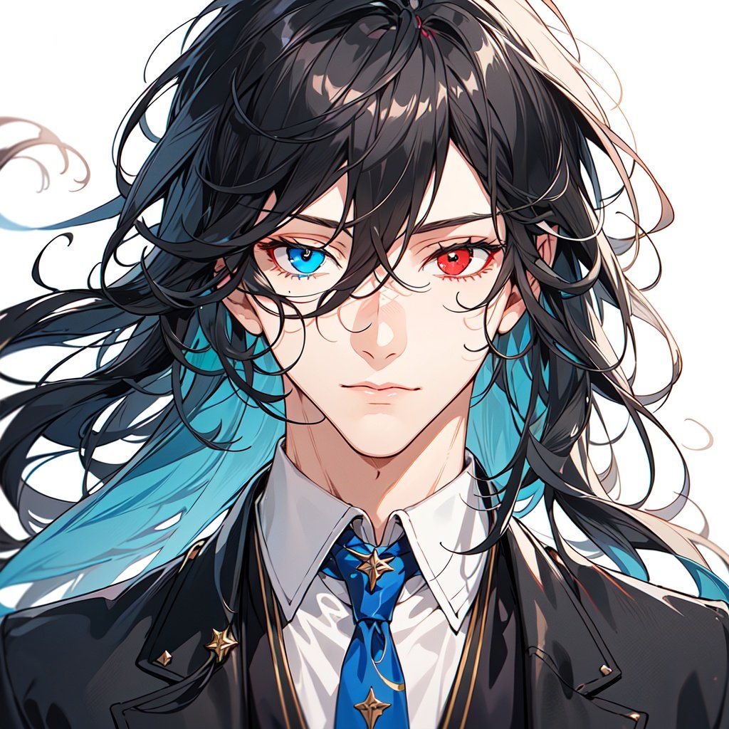 1male,male focus, 1boy,black hair, elegant, ELEGANT,long hair, Adult male，mature,Long face, masterpiece, best quality, anime style, <lora:standingFullBodyWithBackgroundStyle_v10Offset:1>, <lora:banTEST (3):1>,(((heterochromia))), left red eye,right blue eye, fcportrait