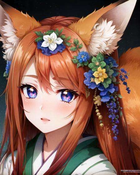 ((best quality)), ((highly detailed)), masterpiece, ((official art)), extremely detailed face, beautiful face, (detailed eyes, deep eyes), (1girl), kitsune, fox ears, multiple_tails, fox tail, (Persian orange) hair, kimono, <lora:neocoillArtistStyle_v10:.6>, neocoill