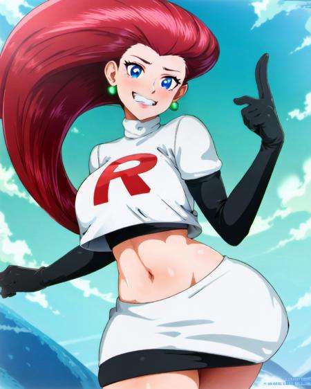 ((best quality)), ((highly detailed)), masterpiece, ((official art)), (detailed eyes, deep eyes), (1girl), <lora:jessiePokemon_v1:.7>, jessie\(pokemon\), very long hair, red hair, hair slicked back, (blue eyes), large breasts, earrings, grin, team rocket, team rocket outfit, white crop-top, white miniskirt, midriff, navel, black elbow gloves, black thighboots, pointing at viewer, <lora:neocoillArtistStyle_v10:1>, neocoill