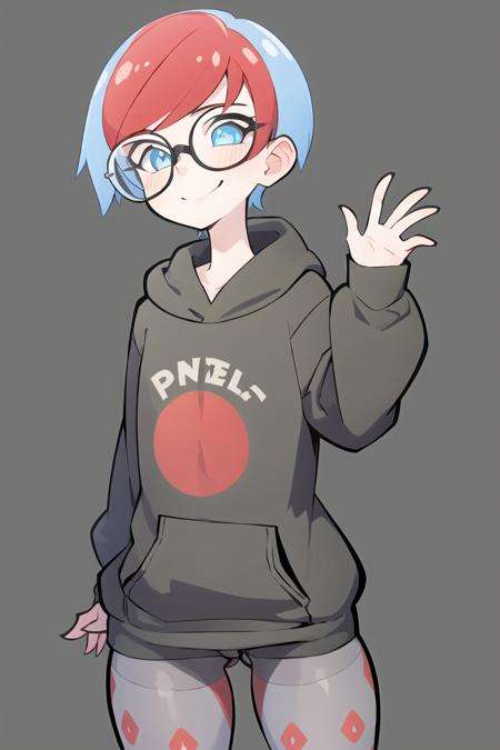 1girl,solo,  detailed eyes, smile, perfect face, urban area , short hair, multicolored hair,   glasses, red hair, blue hair, <lora:ThePinkPirate-22:1>, flat color, wide-eyed,  <lora:penny-10:0.7> Penny, Black Hoodie, Grey Pantyhose, 