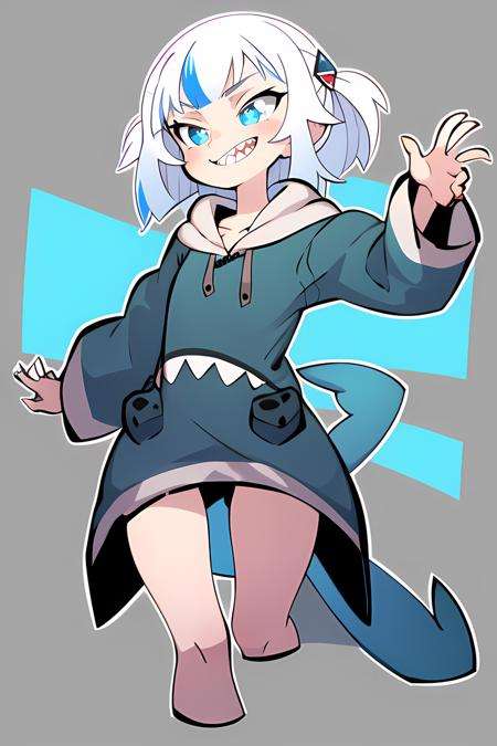 best quality, 1girl,   multicolored hair , blue eyes,smile, <lora:ThePinkPirate-22:1>, flat color, wide-eyed,  <lora:gawrGura:0.6> gawr gura, shark girl, shark tail, shark print, blue hoodie, sharp teeth, animal hood, shark hair ornament, 