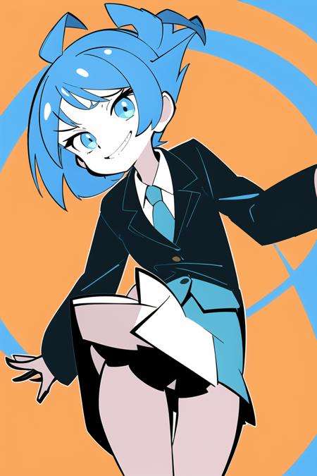 1girl, blue hair, short hair, from below,  jumping, dynamic pose,  suit , miniskirt, smirk, <lora:ThePinkPirate-22:0.9>, flat color, wide-eyed,    