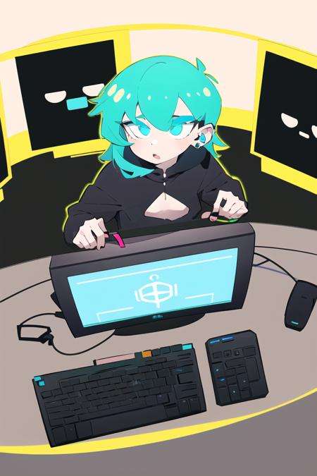 1girl, green hair,eye rings, hacker, computer screens , tired typing, computer monitor <lora:ThePinkPirate-22:0.9>, flat color, wide-eyed,   