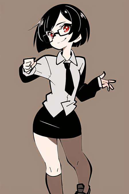 (best quality, masterpiece1.2), detailed,1girl, solo,looking at viewer,simple background,dynamic pose,smile ,detailed eyes , full body, red eyes, dark hair ,  bob cut, office lady, mature male, necktie, glasses, miniskirt, <lora:ThePinkPirate-22:1>, flat color, wide-eyed,