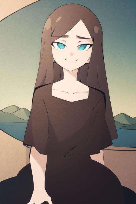 <lora:ThePinkPirate-22:1>, flat color,   wide-eyed,1girl,solo, detailed eyes, perfect face, Seated pose, three-quarter view, slight turn towards viewer, distant landscape backdrop, rolling hills, hazy mountains, winding river. black hair, serene smile,delicate strands, (mona lisa:1.1),