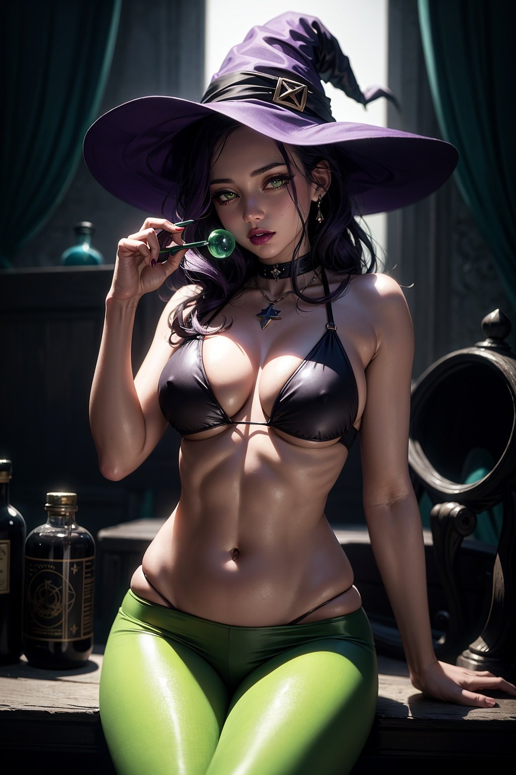 ((Best Quality)), ((Masterpiece)), ultra-detailed, 1girl, magical colors, dark purple hair, witch clothes, black bikini top, green leggings, green potion, glowing potion, geen eyes, purple lips, witch house, ((beautiful and aesthetic, dark room, dim lights)), mythic theme