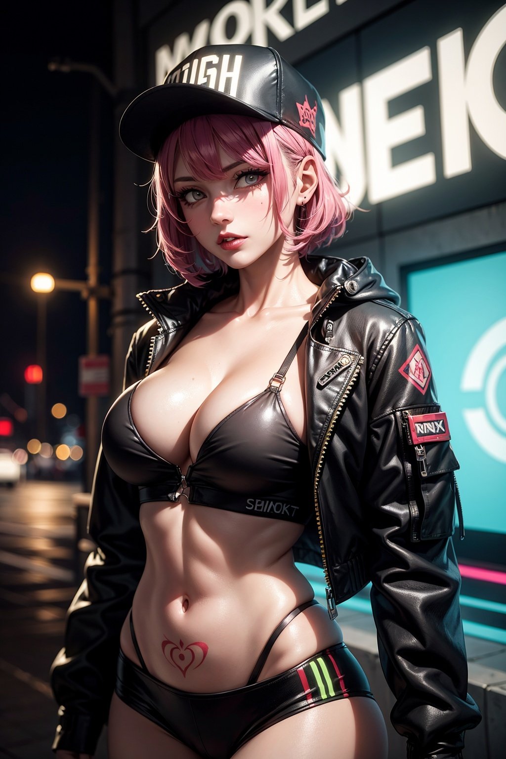 1girl, beautiful girl, cowboy shot, colourful hair, cyberpunk, cleavage, crop top, cropped jacket,neon cap, tattoo, insane fine details, cyberpunk aesthetic, large Breasts, symmetrical hair cut, short hair,  neon lights, night, looking at viewers