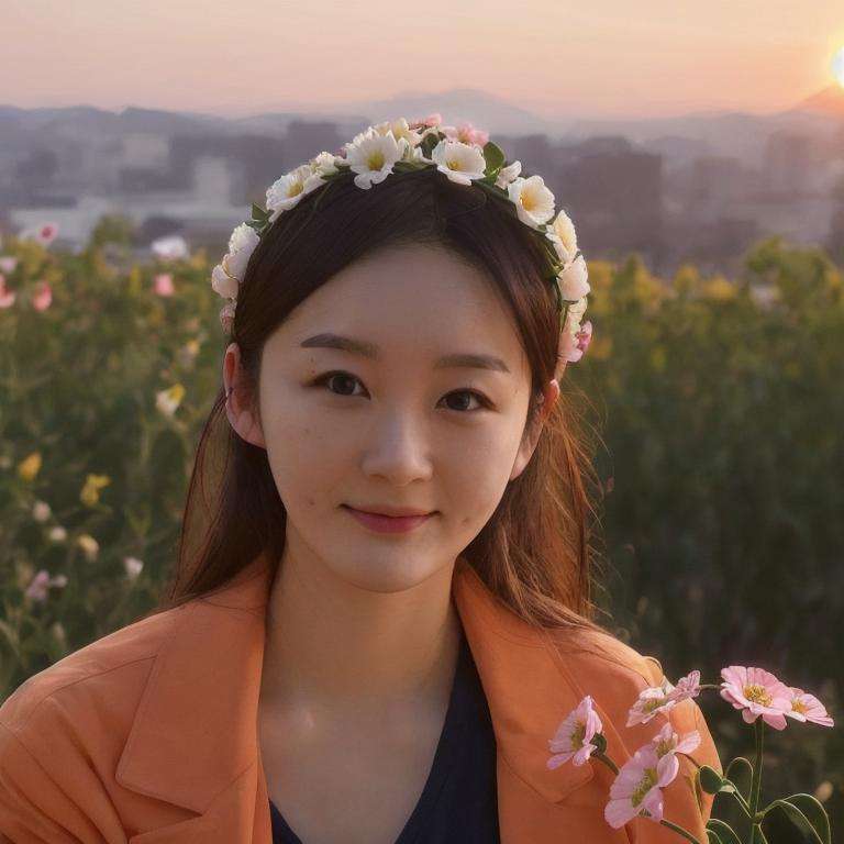 minkyung, a young woman, cowboy shot, 1girl, (looking at viewer:1.3), (schoolgirl jacket), (flower crown), (sunset background), natural skin color, (closed mouth:1.2), (big breast), floating hair, beautiful expression, face detailed, masterpiece, best quality, photorealistic, hyper realistic, ultra detailed, perfect lighting, depth of field, shadows, highres, slight smile, <lora:sayhello0o-kangminkyung-1:0.95>