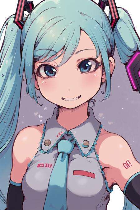 (best quality, masterpiece1.2), detailed,1girl, solo,looking at viewer,simple background, close-up, uwu,standing ,smile ,detailed eyes ,  detailed  face, adorable face , cute, hatsune miku, log eyelashes, teeth,elbow hand out of frame,realistic:0.2, <lora:IbukichiStyle-20:1>