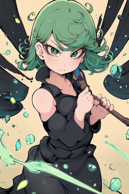 (best quality, masterpiece1.2), detailed,1girl, solo,looking at viewer,simple background, 😏standing ,side smile:1.1 ,detailed eyes ,  detailed  face, adorable face , cute, tatsumaki, long eyelashes, green eyes,  black dress, green aura,<lora:IbukichiStyle-20:1>  <lora:tatsumaki:0.7>