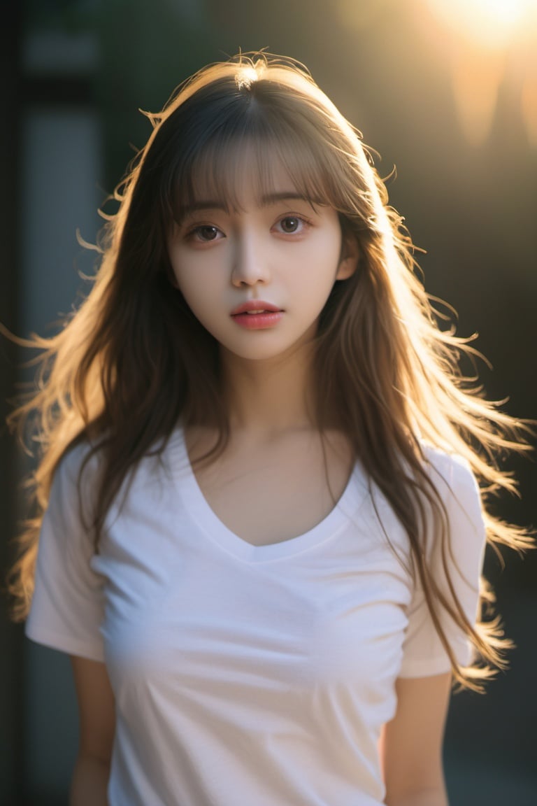 golden hour, photorealistic, masterpiece, best quality, raw photo, 1girl, long hair, detailed eyes and face, medium breast, white shirt, dynamic lighting, half_body shot,beautymix
