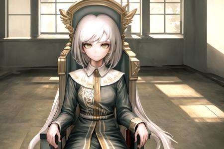 best quality, beautifully detailed illustration, beautifully detailed sunlight, soft lighting, (best shadows), masterpiece, best quality, highres, 1girl, solo, sitting on throne, short hair, very long hair, white hair,  <lora:KomatsuzakiRuiV2:1>, upper body, 