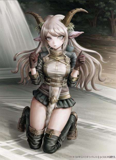 ((best quality)), ((highly detailed)), masterpiece, ((official art)), extremely detailed face, beautiful face, (detailed eyes, deep eyes), (1girl:1.33, solo), <lora:komatsuzakiRui_v20:1>, (satyr), (goat legs), goat horns, gloves