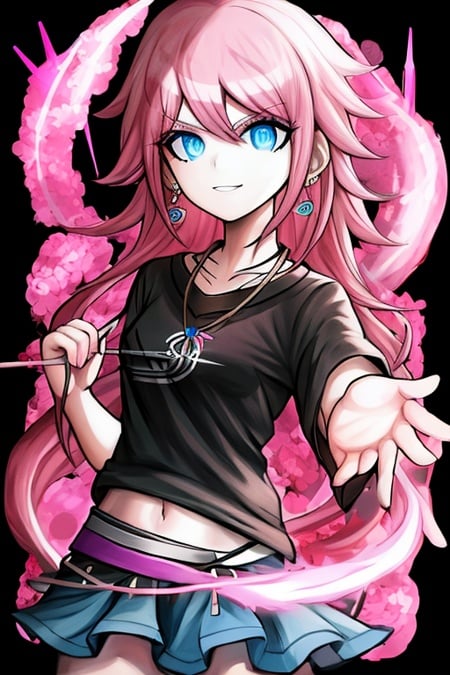 1girl,solo,best_quality,smiple_background,pink_hair,blue_eyes,wavy_hair,long_hair,(black_T-shirt),skirt,earrings,Necklace,