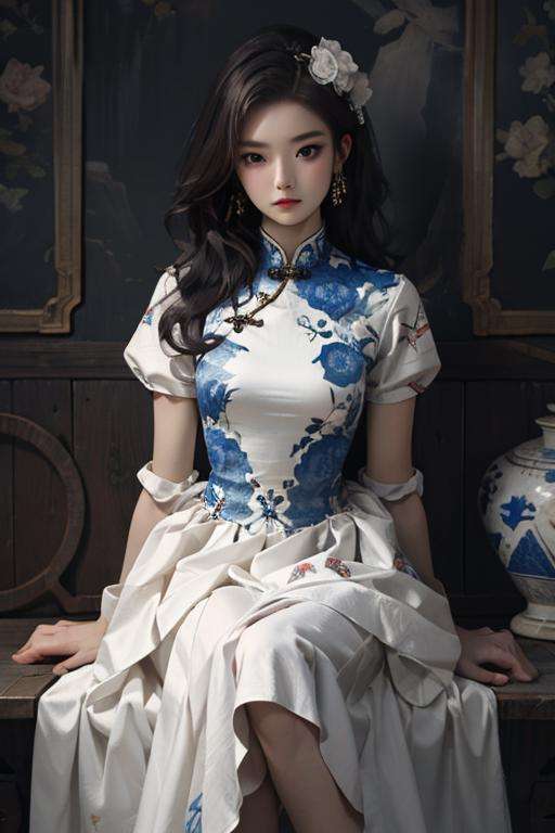 masterpiece,best quality, 1 girl，qinghua, dress,  <lora:qinghua50:0.6>