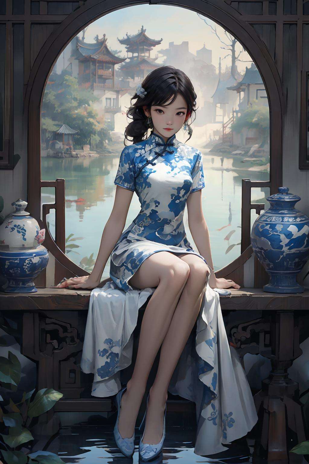 masterpiece,best quality, 1 girl，qinghua, cheongsam, chinese architecture, lake, bridge, reflection<lora:qinghua50:0.8>