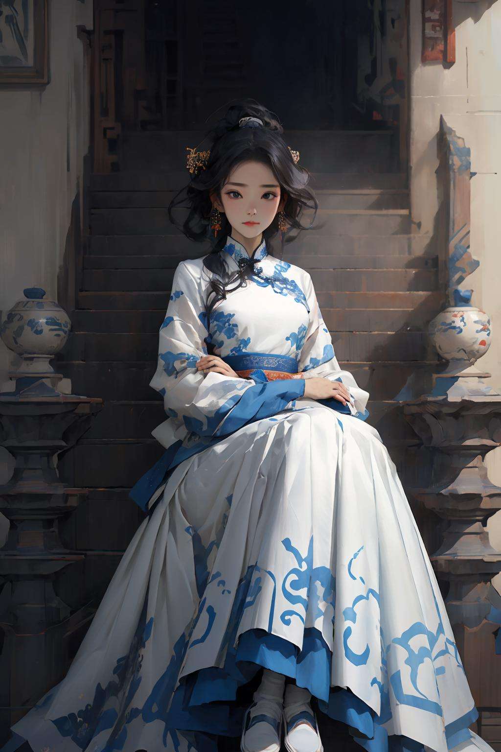 masterpiece,best quality, 1 girl, qinghua, hanfu, chinese architecture, lake, bridge, reflection<lora:qinghua50:0.8>