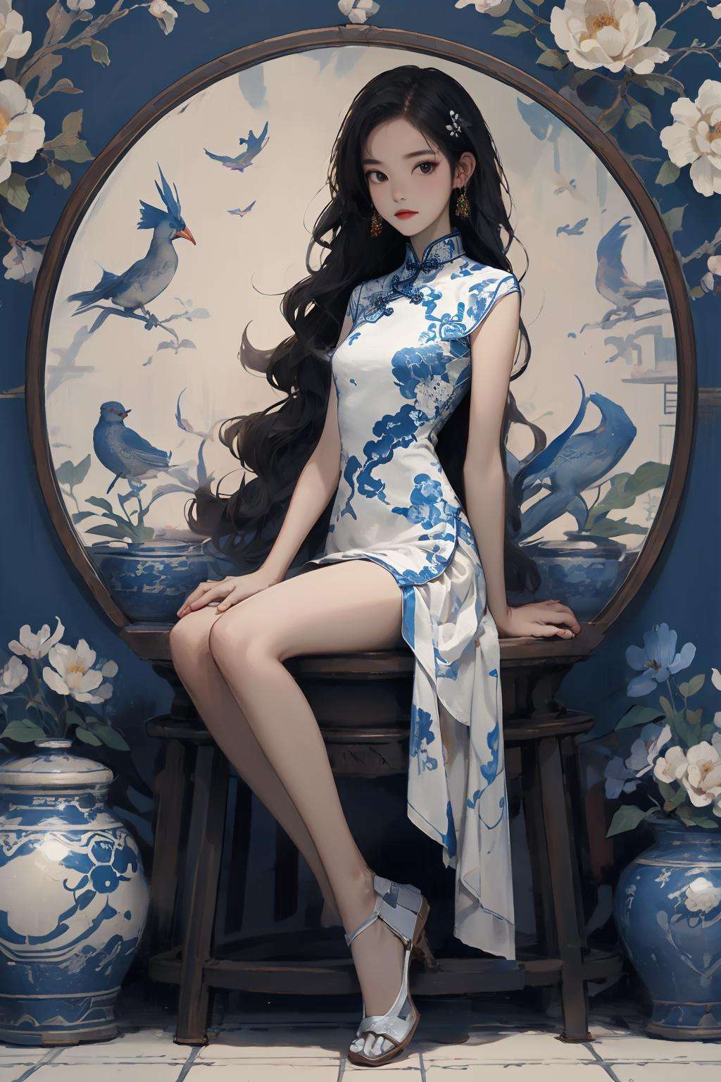 masterpiece,best quality, 1 girl, qinghua, front view, cheongsam, blue floral background, reflection, <lora:qinghua50:0.8>