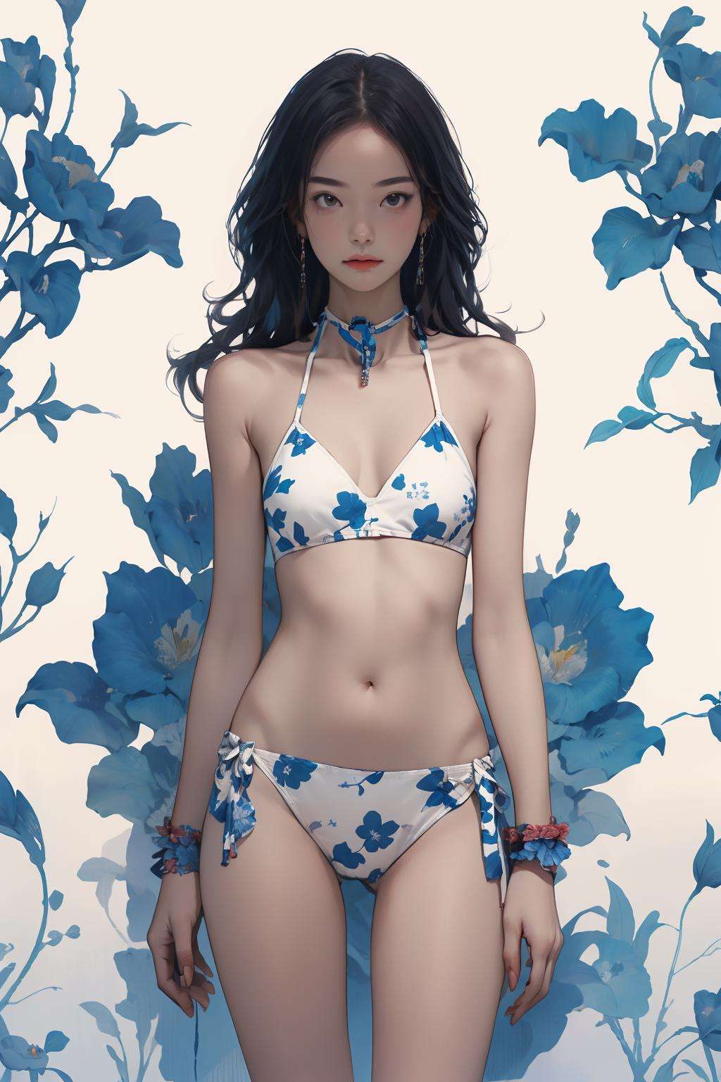 masterpiece,best quality, 1 girl, qinghua, front view,white_print_bikini, blue floral background, reflection<lora:qinghua50:0.8>