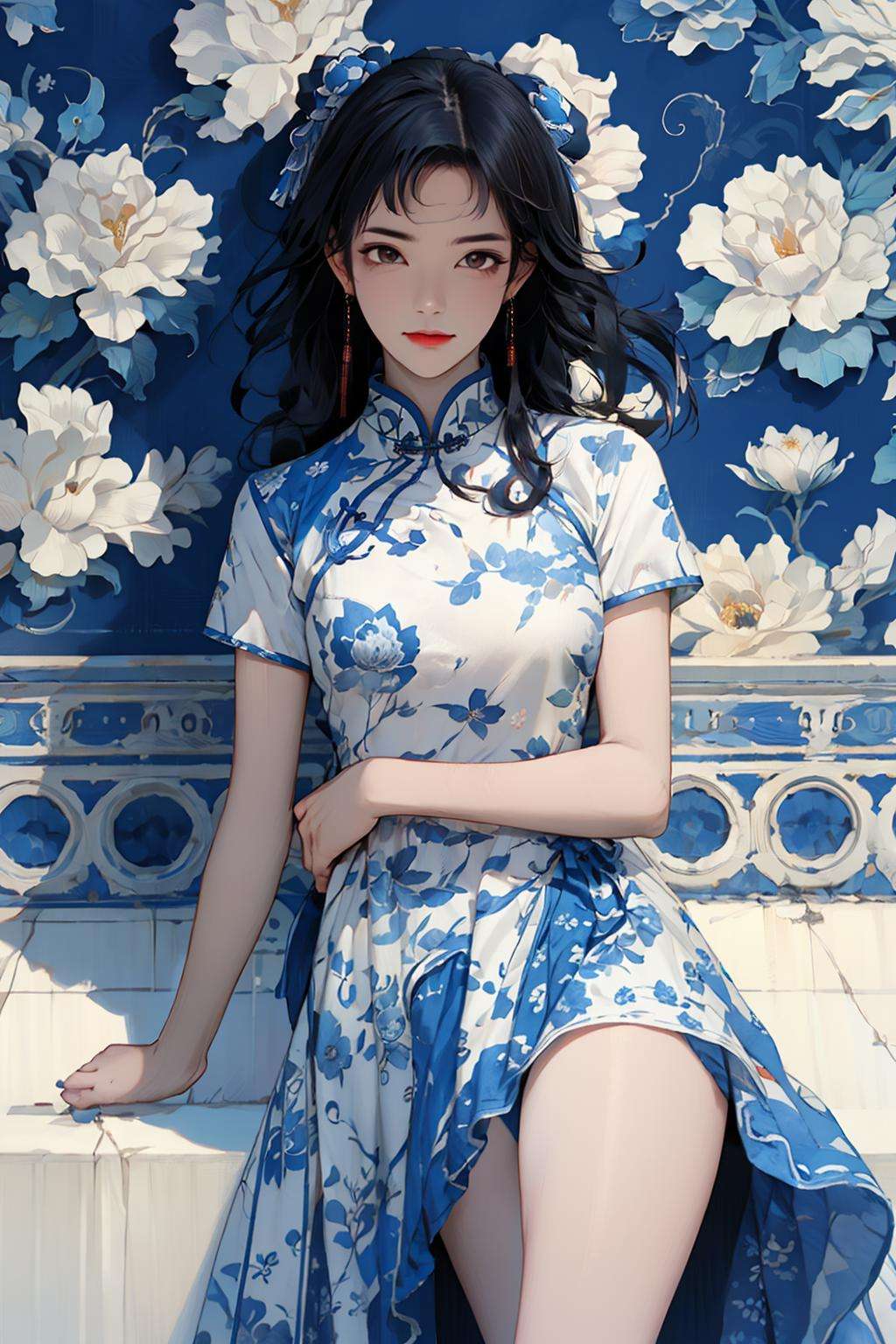 masterpiece,best quality, 1 girl, qinghua, front view, cheongsam, blue floral background, <lora:qinghua50:0.8>