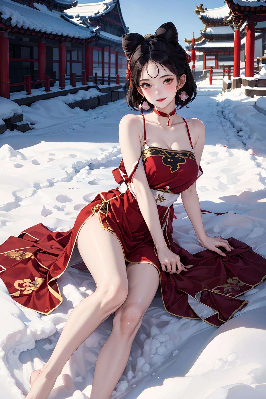 masterpiece,best quality,1 girl, daji, smille, red dress, chinese clothes, bare shoulders, pink earrings, full body, Lying in the snow naturally, In ancient China,  The Legend of Deification, wearing a purple gauze skirt, In the snow,  delicate luster, clean background, and soft film lighting， <lora:daji_v1:0.8>