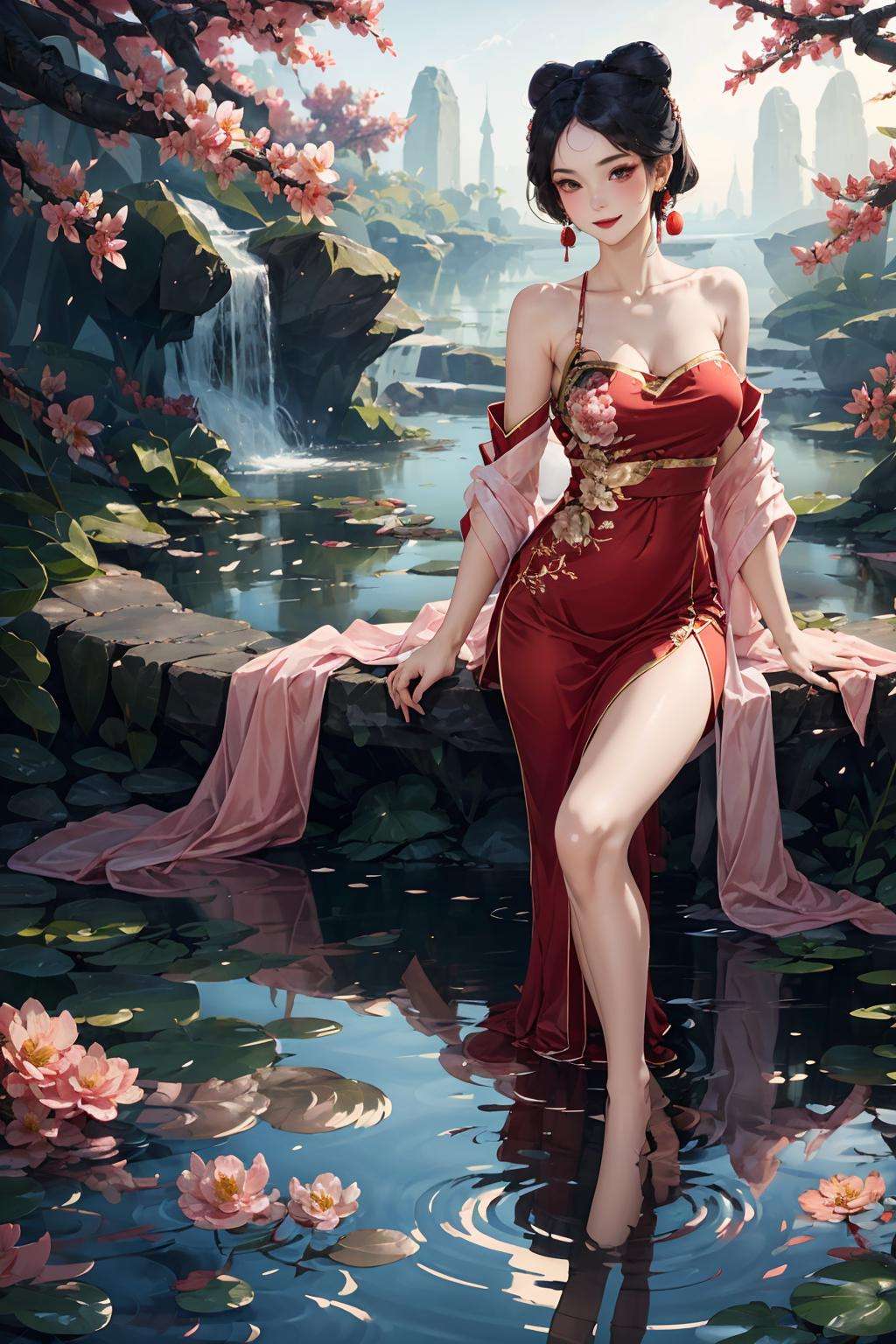 masterpiece,best quality,1 girl, daji, smille, red dress, chinese clothes, bare shoulders, pink earrings,embroidered robe with exquisite details, gentle and demure disposition, flowers ,flowing water , reflection,  <lora:daji_v1:0.8>