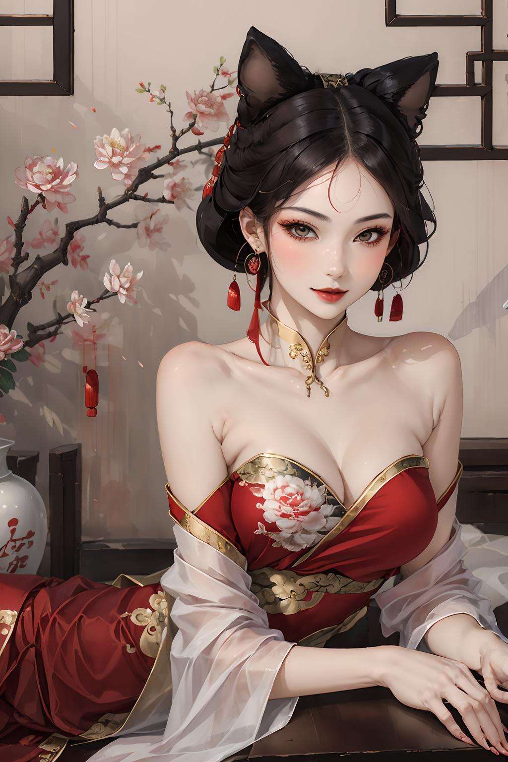 masterpiece,best quality,1 girl, daji, smille, red dress, chinese clothes, bare shoulders, pink earrings, fox demon, half-squinted, flirtatious, white and red, traditional Chinese painting, ultra-high quality details <lora:daji_v1:0.8>