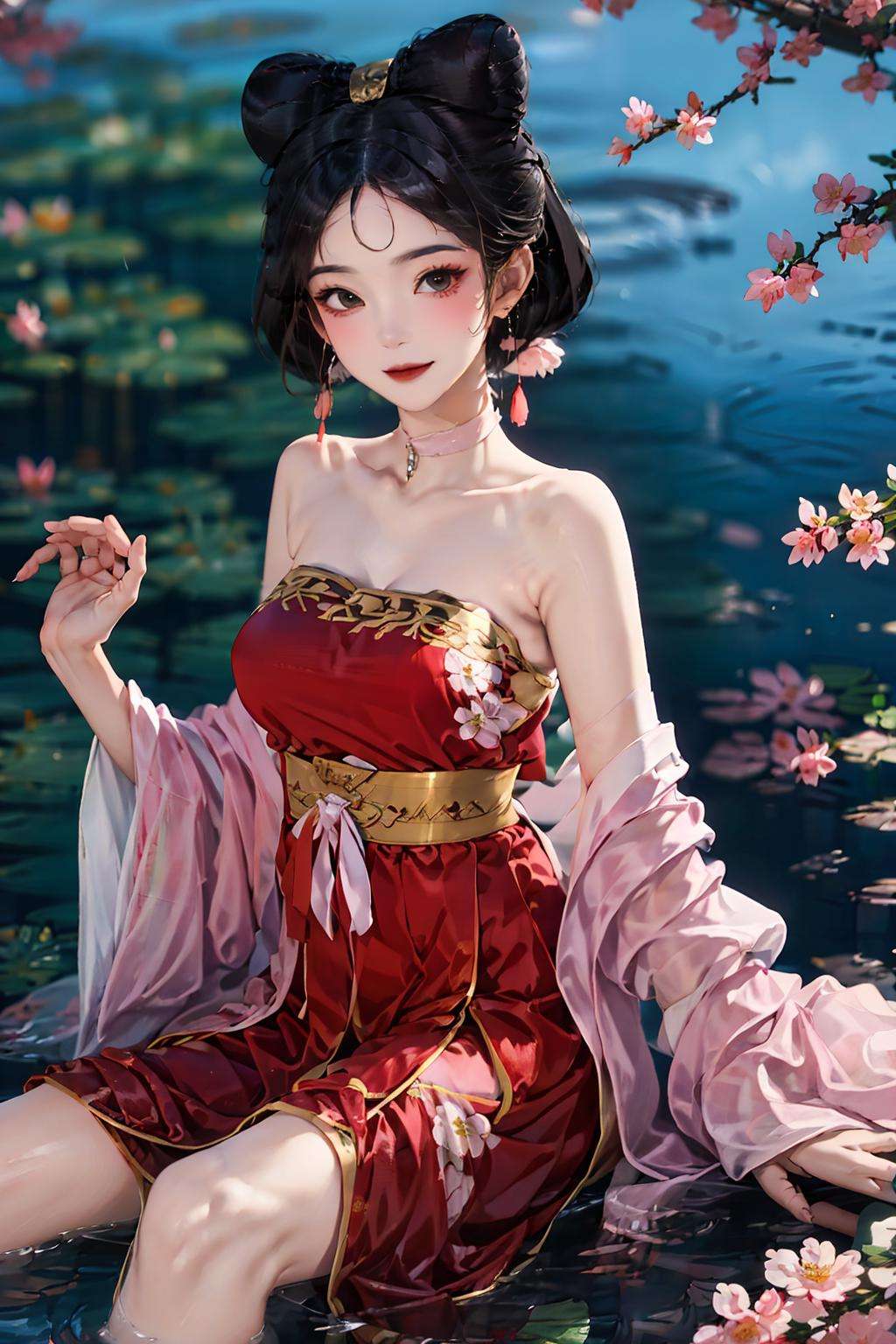 masterpiece,best quality,1 girl, daji, smille, red dress, chinese clothes, bare shoulders, Pink earrings, floral, lake, water   <lora:daji_v1:0.8>