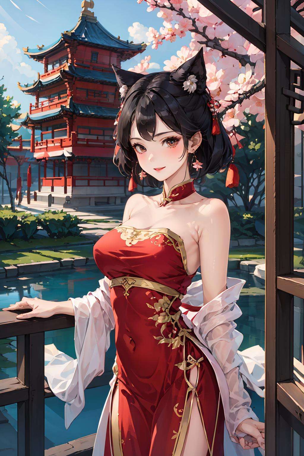 masterpiece,best quality,1 girl, daji, smille, red dress, chinese clothes, bare shoulders, pink earrings, floral, Gorgeous palaces, resplendent, red scarves  <lora:daji_v1:0.8>