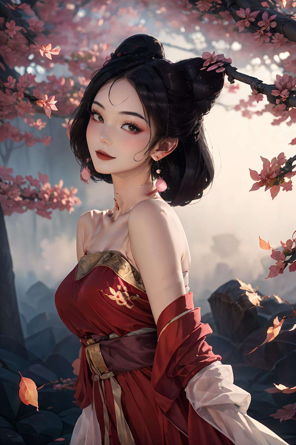 masterpiece,best quality, mist-shrouded，Purple smoke, forests,  1 girl, daji, smille, red dress, chinese clothes, bare shoulders, pink earrings,mysteries, branches, fallen leaves <lora:daji_v2:0.8>