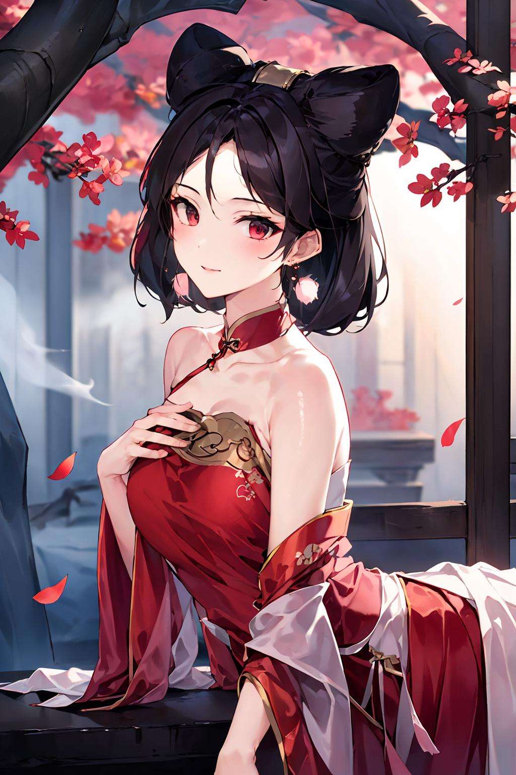 masterpiece,best quality, mist-shrouded，Purple smoke, forests,  1 girl, daji, smille, red dress, chinese clothes, bare shoulders, pink earrings,mysteries, branches, fallen leaves <lora:daji_v2:0.8>