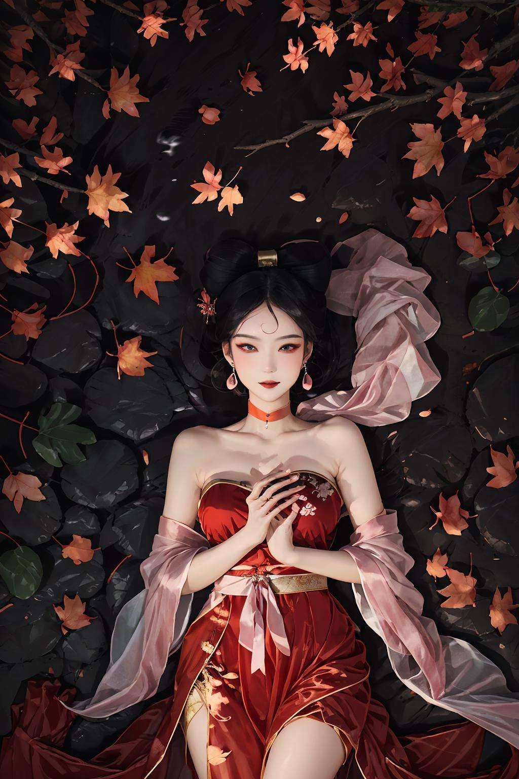 masterpiece,best quality, (top view),Aerial view， 1 girl, daji, smille, red dress, chinese clothes, bare shoulders, pink earrings,Purple smoke, forests, mysteries, branches, fallen leaves <lora:daji_v2:0.8>