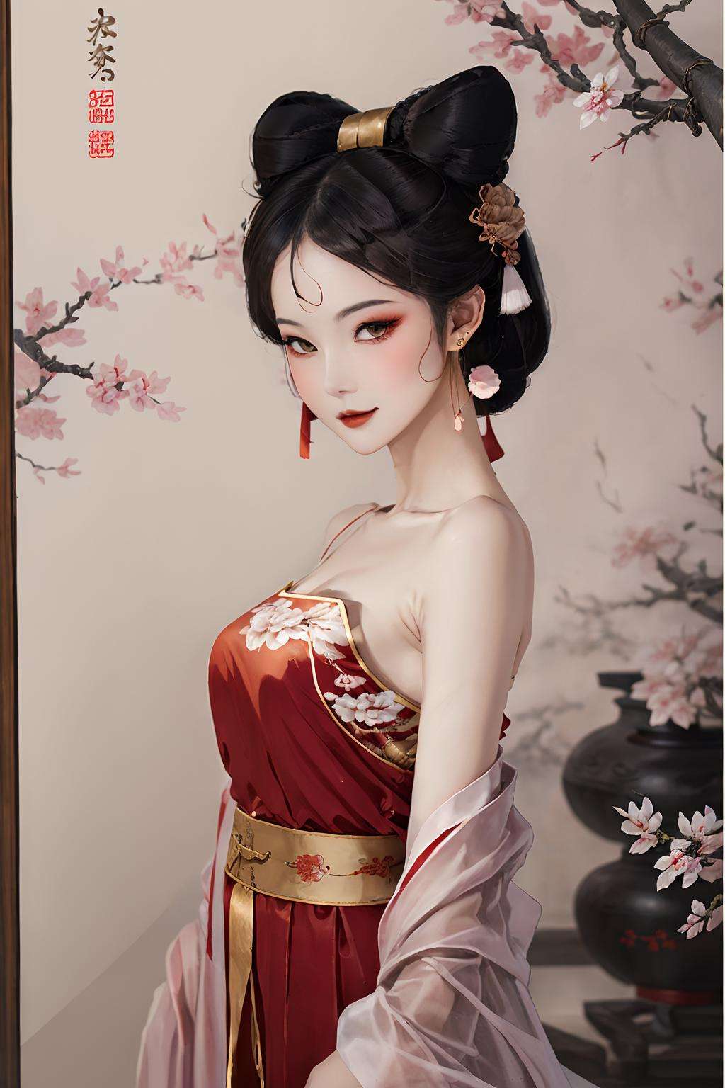 masterpiece,best quality,1 girl, daji, smille, red dress, chinese clothes, bare shoulders, pink earrings, fox demon, half-squinted, flirtatious, white and red, traditional Chinese painting, ultra-high quality details <lora:daji_v1_badhand:0.8> 