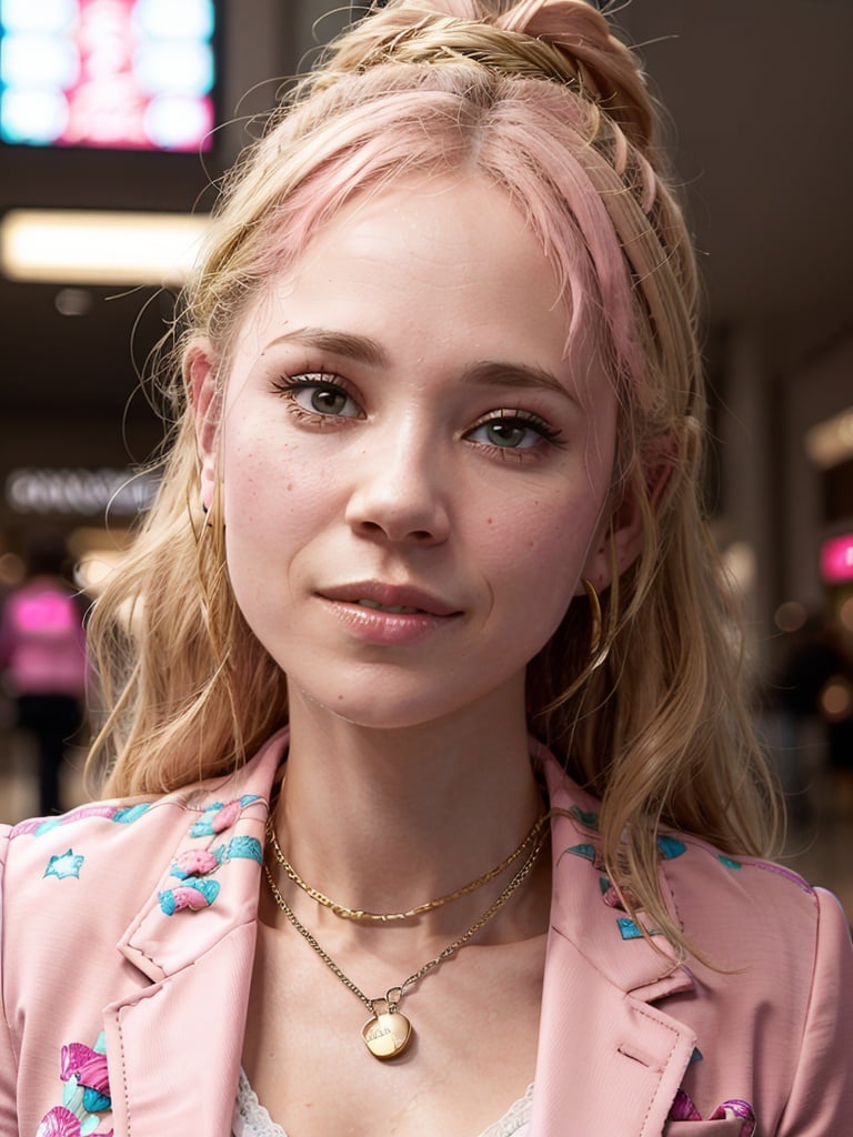 close-up portrait of Juno Temple, (pink blazer:1.4),  30 years old, cowboy shot, best quality, ultra high res, (photorealistic:1.3), 1girl, small breasts, (in a mall:1.3)