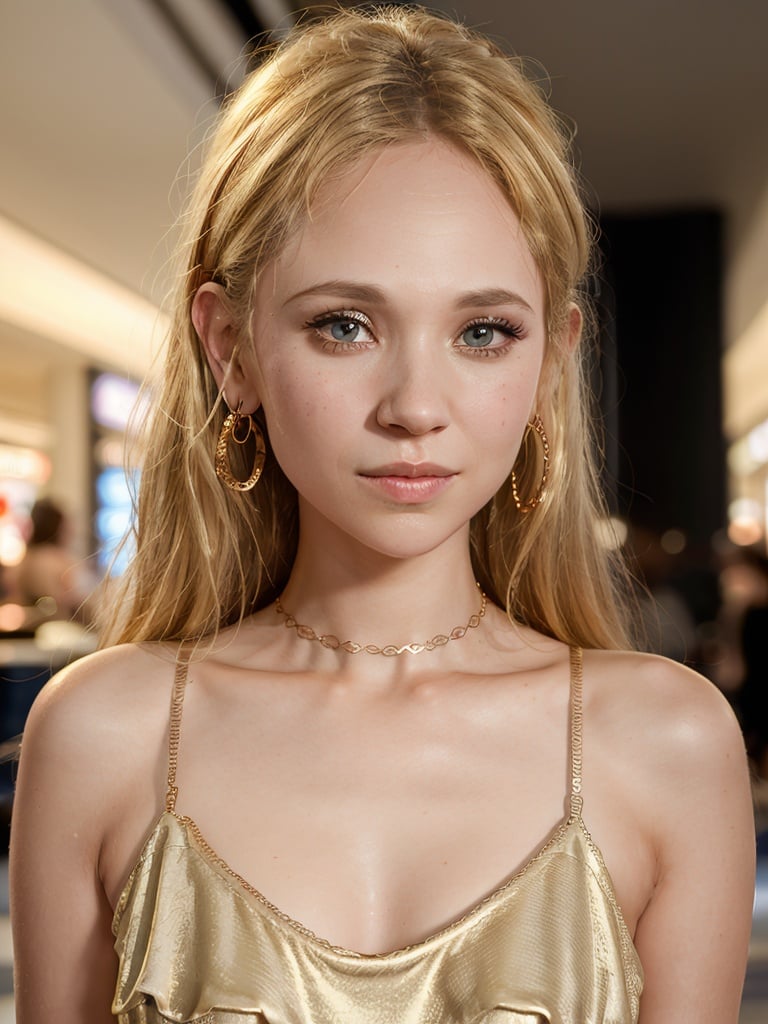 close-up portrait of Juno Temple, (golden dress:1.4),  30 years old, cowboy shot, best quality, ultra high res, (photorealistic:1.3), 1girl, small breasts, (in a mall:1.3)