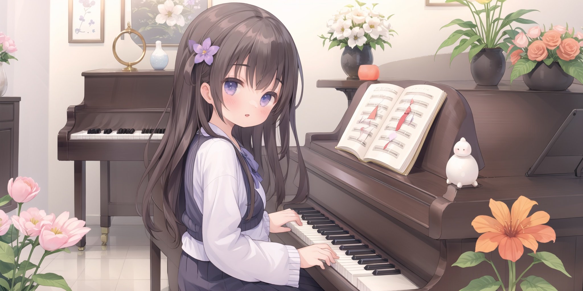 nijistyle,NijiCute,masterpieces,one girl,solo,flower,piano,long hair,