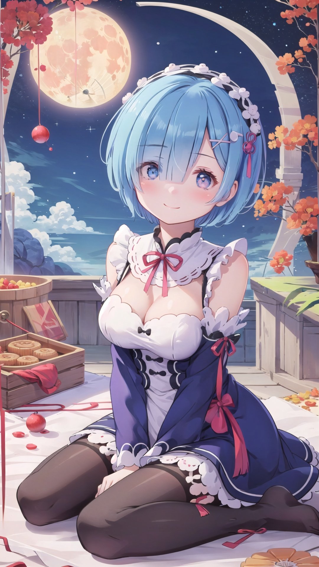 Mid-Autumn Festival, moon rabbit, le meat through to understand stockings, moon cakes, ((1girl,solo)),blush,full body,(Delicate eyes),(smile),one eye covered, (cover right eye),hair over one eye,hair ornament,medium breasts,cleavage,(short hair,:1.2),expressive detail hair,blue hair,nayutaren,