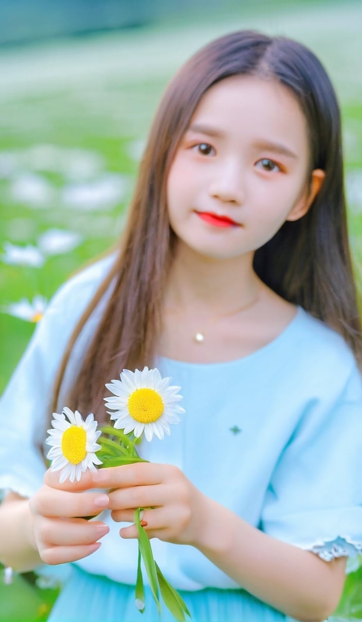 1girl, a girl with long hair holding a flower in her hand, yanjun chengt, real image, holding daisy, huifeng huang, 2 022photo, f1.8