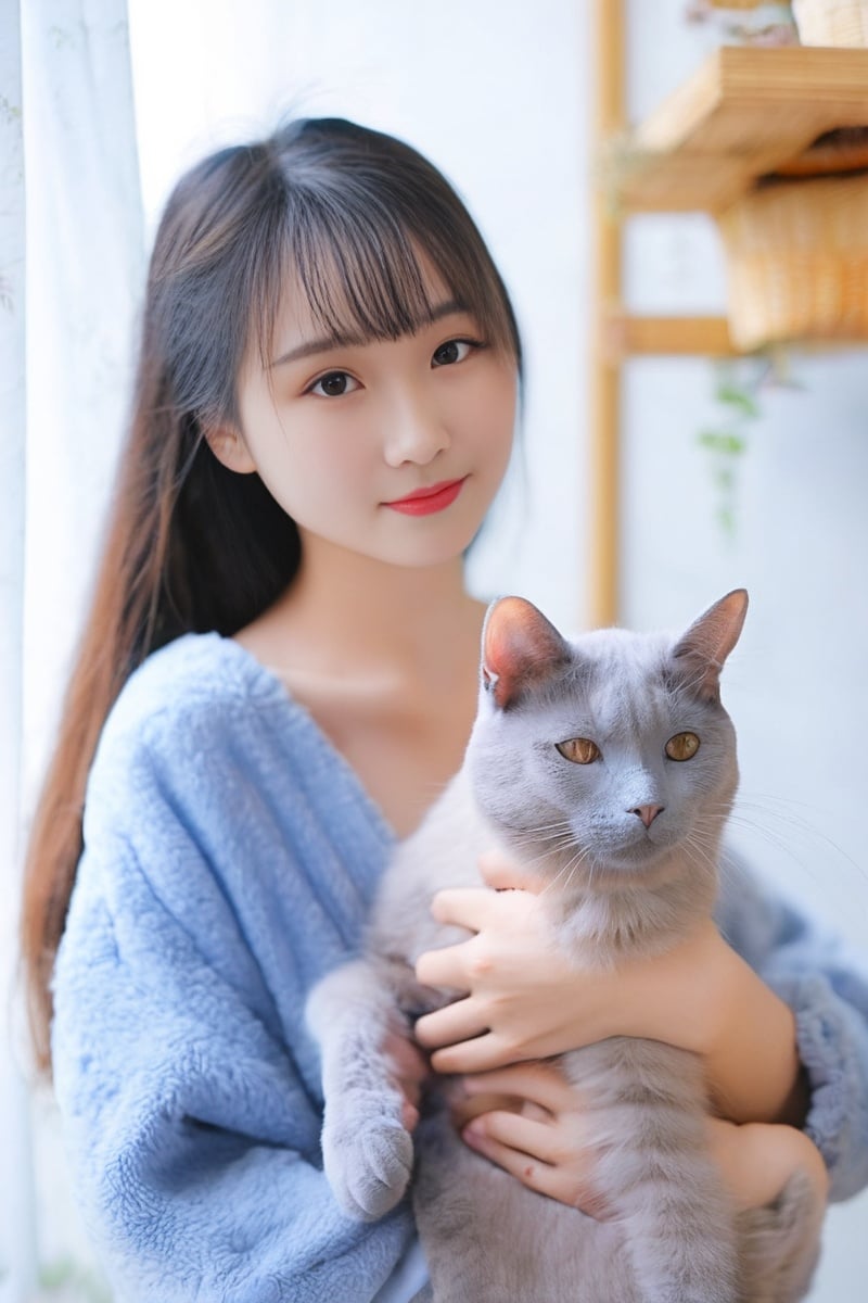 1girl, a woman holding a cat, male , blue gray, 19-year-old girl, well-groomed model, zhuoxin ye, furr covering her chest, squishy, gray color, human  - 2