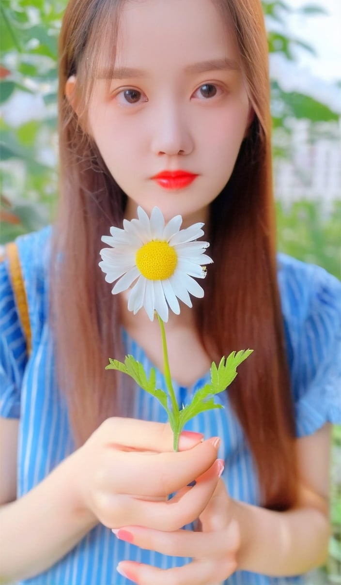 1girl, 25 yo, a girl with long hair holding a flower in her hand, yanjun chengt, real image, holding daisy, huifeng huang, 2022photo, f4.0