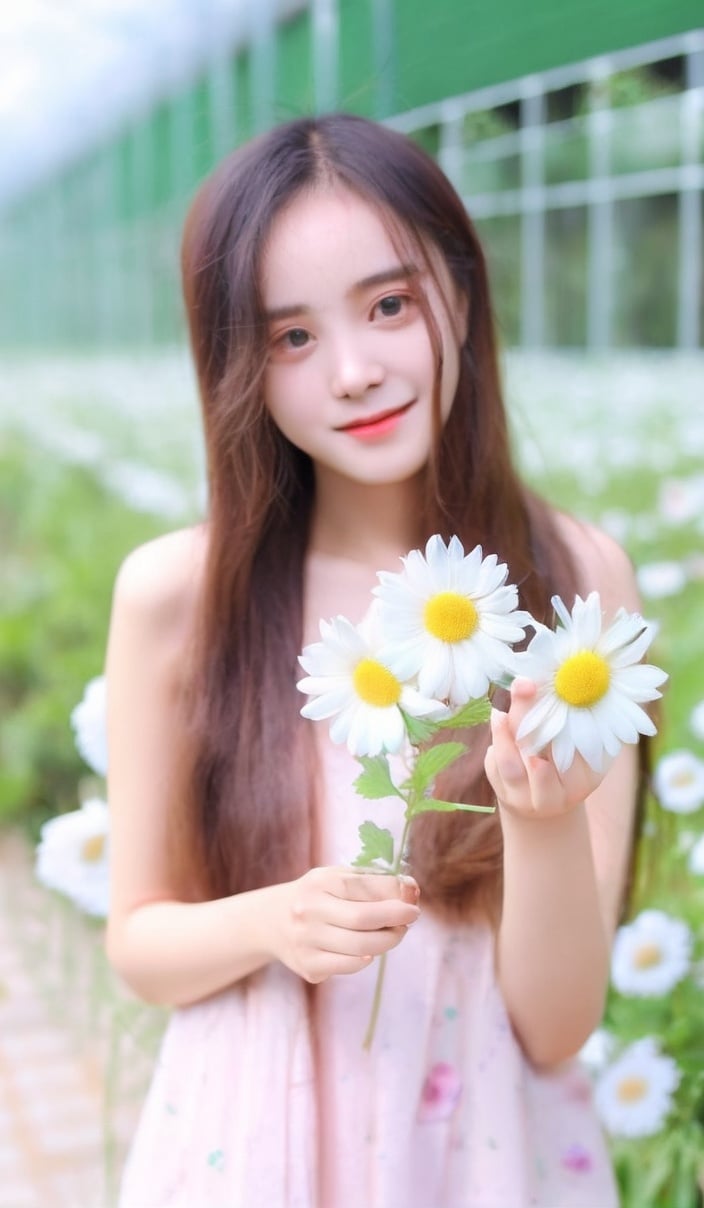 1girl, 25 yo, a girl with long hair holding a flower in her hand, yanjun chengt, real image, holding daisy, huifeng huang, 2022photo, f4.0