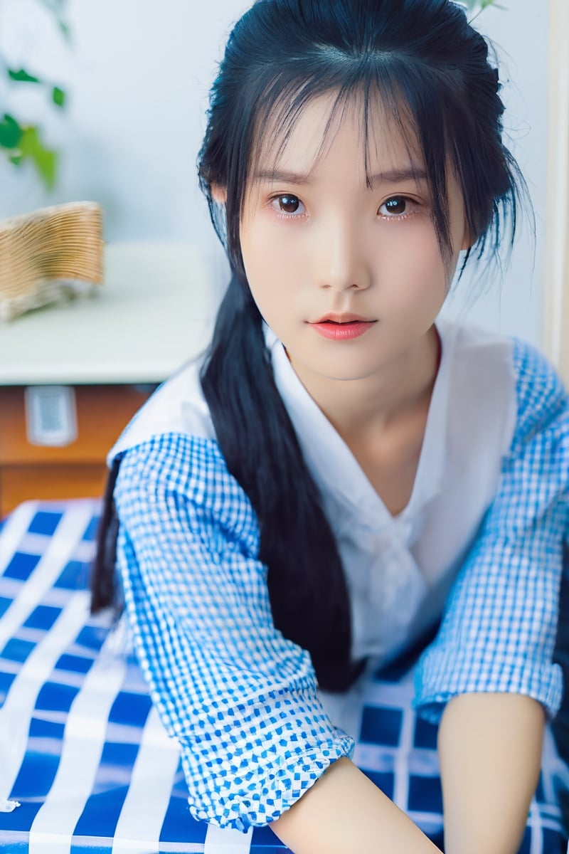 1girl, chinese girl sitting at a table with a checkered tablecloth, clothed in white shirt, with a blue background, sitting on a bed, white blouse, young woman with long dark hair, white hime cut hairstyle, with a cool pose, 18 yo