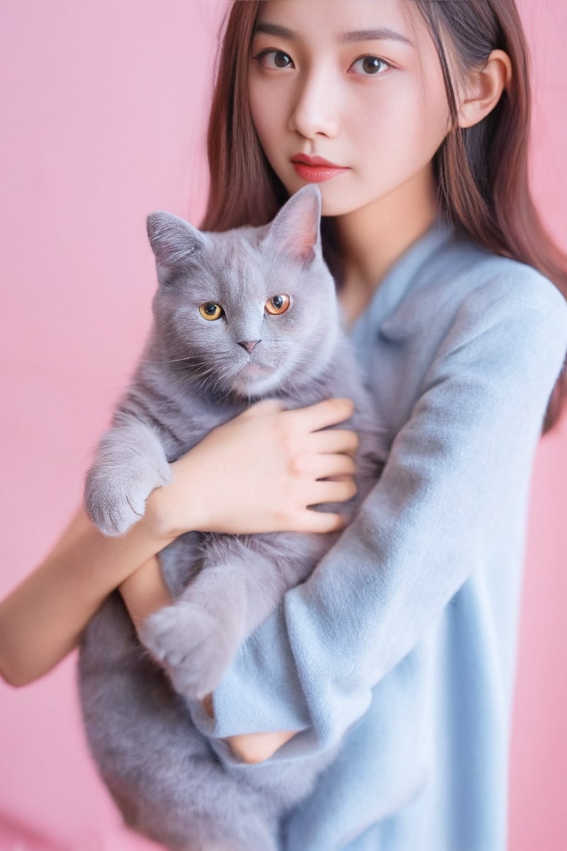 1girl, a woman holding a cat, male , blue gray, 19-year-old girl, well-groomed model, zhuoxin ye, furr covering her chest, squishy, gray color, human  - 2