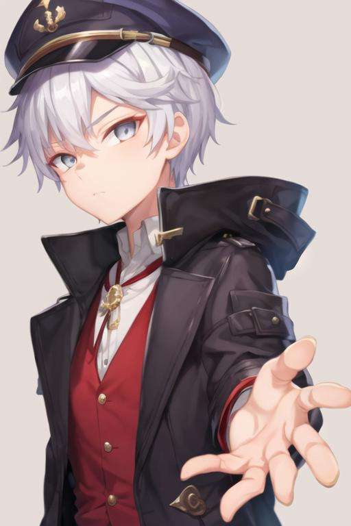 masterpiece, best quality, wallpaper, 1boy, solo, male focus, looking at viewer, , , <lora:lugh_tuatha_de:0.70>, lugh_tuatha_de, white hair, grey eyes, coat, hat